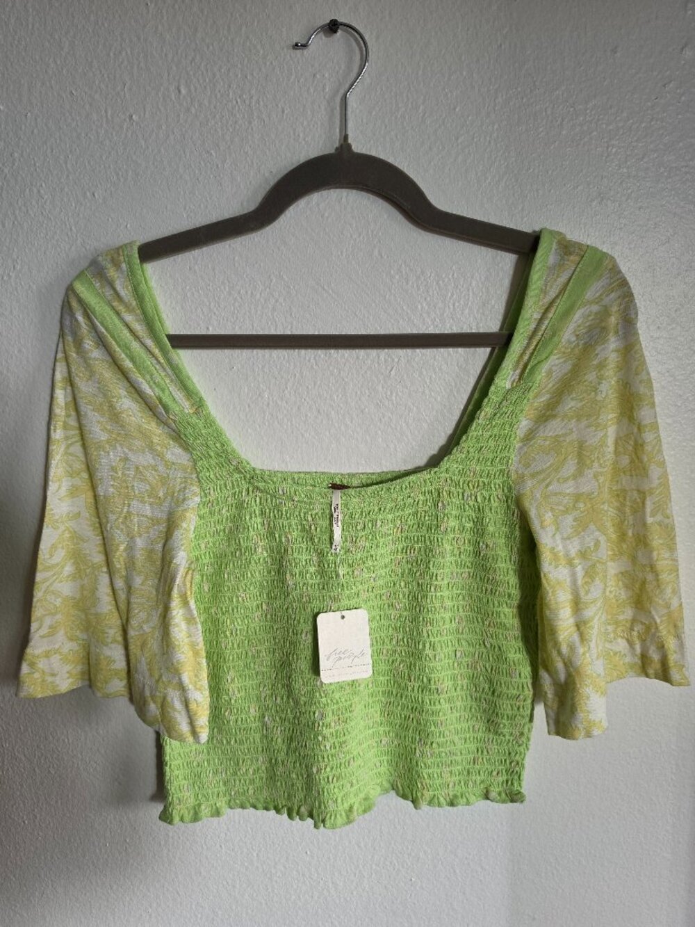 Free People Marigold Tee Key Lime Smocked Crop Top M NWT
